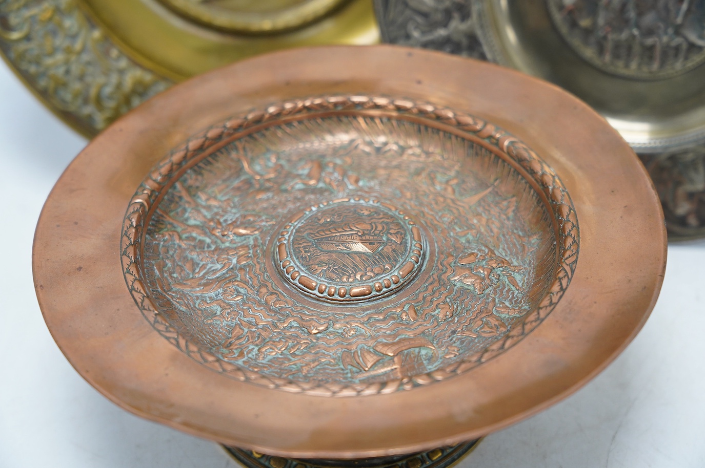 A group of electrotype copper and brass tazzas and dishes, largest 24cm diameter. Condition - fair to good